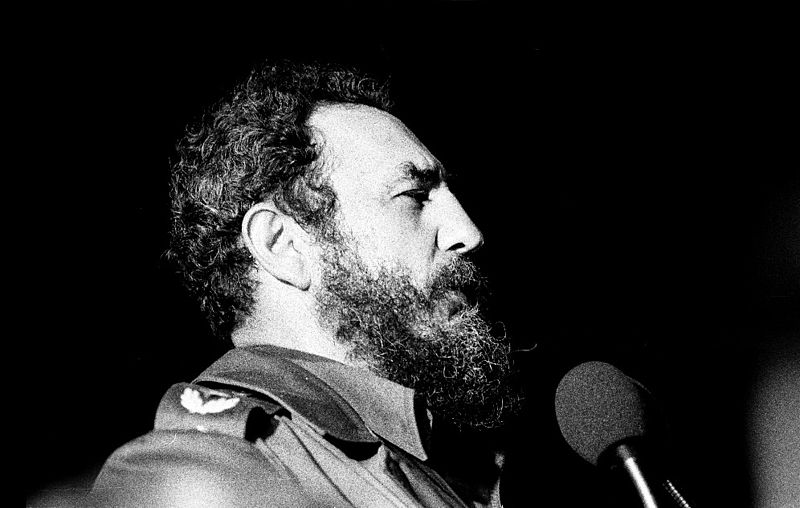 Fidel Castro speaks at a microphone in Havana, 1978. Castro said resisting South African apartheid united the world and was "the most beautiful cause." (Wikimedia / Marcelo Montecino)