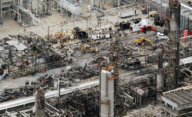 An overhead view of the devastation of caused by the March 23, 2005 explosion at the British Petroleum refinery in Texas City, Texas on Galveston Bay; the explosion killed 15 and injured 180. The refinery, now owned by Marathon Oil, is among those involved in the historic oil workers strike, and workers say safety at the plant is still dangerously lacking. (Chemical Safety Board)