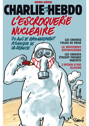 The cover of Charlie Hebdo's special edition on the nuclear industry, published in 2012. It shows a man in a hazmat suit, drawing a smiley face on his helmet.