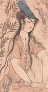 An illustration of Ebesh Hatun in a hat and flowing, button-up shirt with long flowing dark hair. (Illustration from Dr. Bahriye Üçok’s “Female Sovereigns in Islamic States.”)