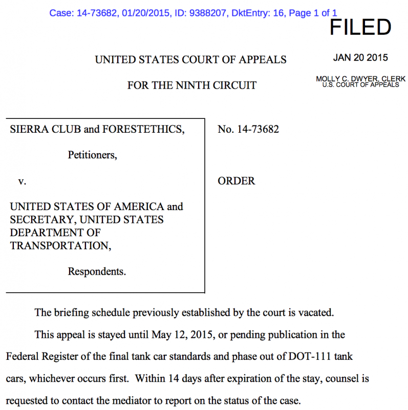 A court order delaying hearings on the safety of DOT-111 "bomb trains" allows them to keep rolling on US rails until at least May 2015. (Image Credit: U.S. Court of Appeals for the Ninth Circuit)