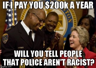 A meme featuring Charles McClelland with Houston Mayor Annise Parker: "If I pay you 200k a year, will you tell people police aren't racist?"