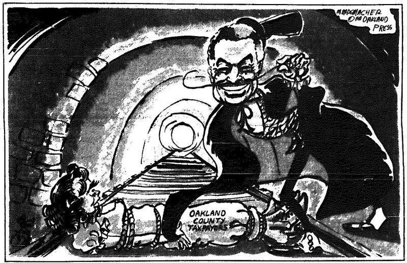 An editorial cartoon depicting a white woman labeled "Oakland taxpayers" tied to the train tracks. Richer surrounding communities hoard resources and opt out of taxes, leaving Detroit struggling to pay its bills and maintain its infrastructure. (Oakland Press)