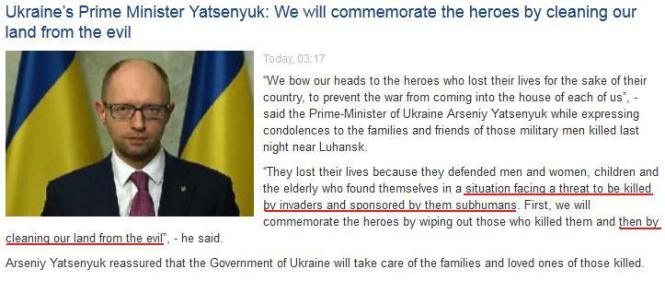 Screenshot from Ukrainian embassy website. Yatsenyuk makes his case for ethnic cleansing in the east.