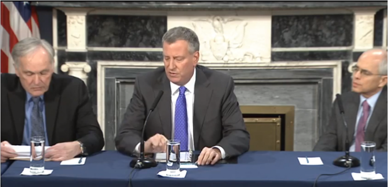 New York City Mayor Bill de Blasio leads a roundtable discussion on reforming the notorious Rikers Island prison.  (YouTube screenshot)