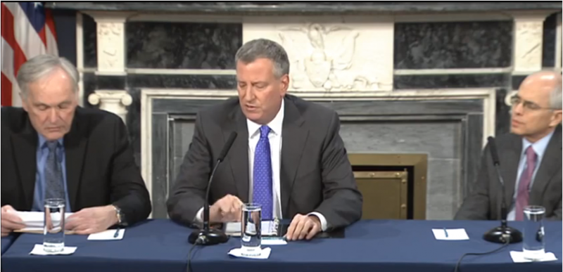 New York City Mayor Bill de Blasio leads a roundtable discussion on reforming the notorious Rikers Island prison. (YouTube screenshot)