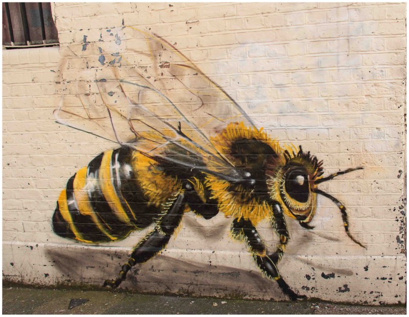A mural of a bee on a wall in London's East End, photographed on March 11, 2015. (Flickr / Maureen Barlin)