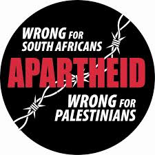 A circular image depicting barbed wire and the words "Apartheid: Wrong For South Africans, Wrong For Palestinians" (ProMosaik)