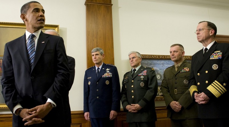 President of the United States Barack Obama, flanked by Gen. Norton Schwartz, U.S. Air Force chief of staff; Gen. George W. Casey, U.S. Army chief of staff; U.S. Marine Gen. James E. Cartwright, vice chairman of the Joint Chiefs of Staff and U.S. Navy Adm. Mike Mullen, chairman of the joint chiefs of staff, addresses the media during his first visit to the Pentagon since becoming commander-in-chief, Jan. 28, 2009. (Flickr / U.S. Army / Mass Communication Specialist 1st Class Chad J. McNeeley)