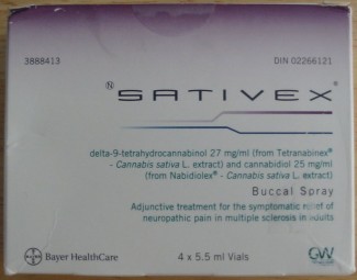 The labellng on a Canadian box of "Sativex," a prescription drug derived from cannabis. (Wikipedia)