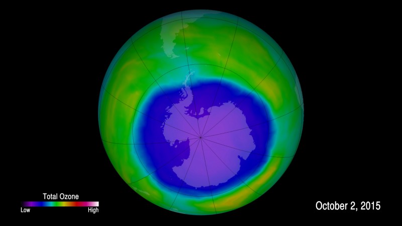This image provided by NOAA shows the ozone hole. The Antarctic ozone hole has swelled this month to one of its biggest sizes on record, U.N. and U.S. scientists say, insisting that the Earth-shielding ozone layer remains on track to long-term recovery but residents of the southern hemisphere should be on watch for high UV levels in the weeks ahead. (NOAA via AP)