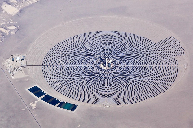 Crescent Dunes Solar Energy Project, a massive solar panel array in Tonopah, Nevada, is seen from the air in this Feb. 11, 2014 photograph. (Flickr / Matt Hintsa)