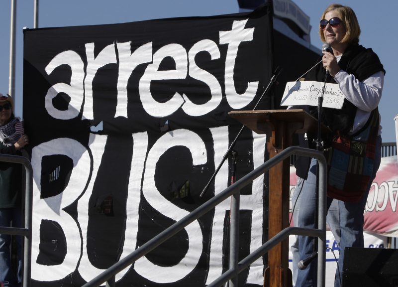 Anti-war activist Cindy Sheehan speaks at a protest rally in Dallas on Tuesday, Nov. 16, 2010. A group of about 100 protestors marched to SMU, where a ground- breaking ceremony was being held for the George W. Bush Presidential Library. (AP Photo/Mike Fuentes)