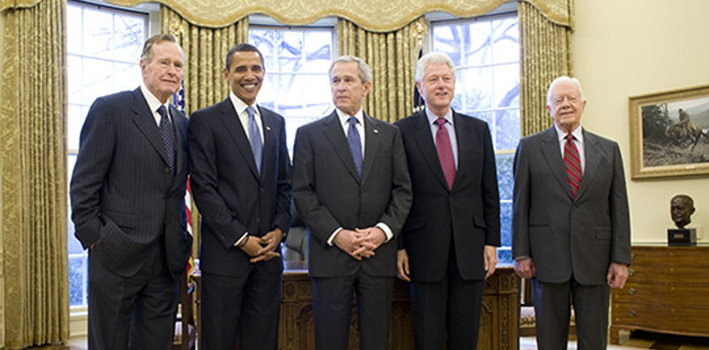 President-elect Obama with former Presidents Bush (41), Carter and Clinton and current President Bush at the WHite House on Jan. 7, 2009. (Wikimedia Commons / White House / Pete Souza)