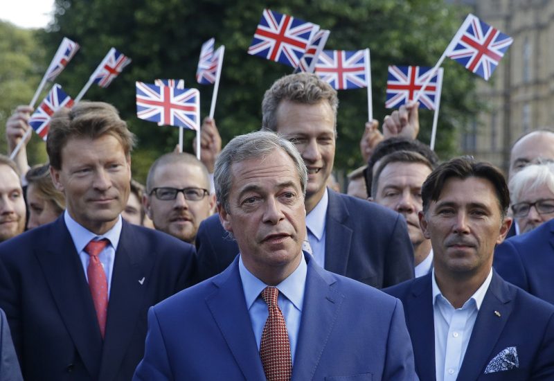 In this Friday, June 24, 2016 file photo, Nigel Farage, the leader of the UK Independence Party speaks to the media on College Green in London, Friday, June 24, 2016. (AP Photo/Matt Dunham, File)