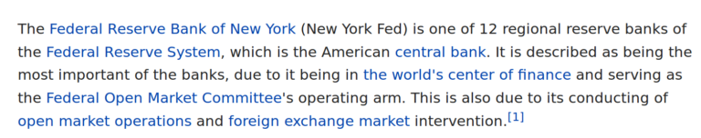 Screenshot from Wikipedia declaring the Federal Reserve to be "the most important of the banks," due in part to its location "in the world's center of finance." (Wikipedia)