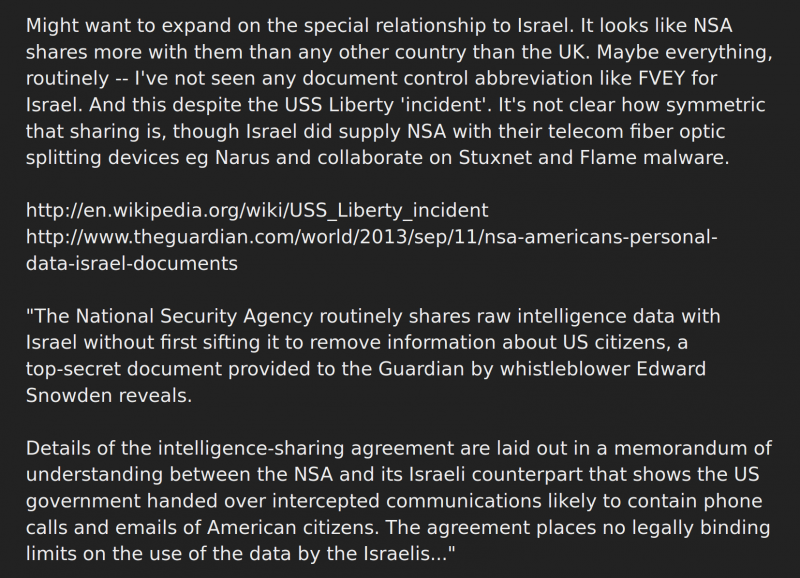 Commenter notes that U.S. routinely shares intelligence with Israel. (electrospaces.net)