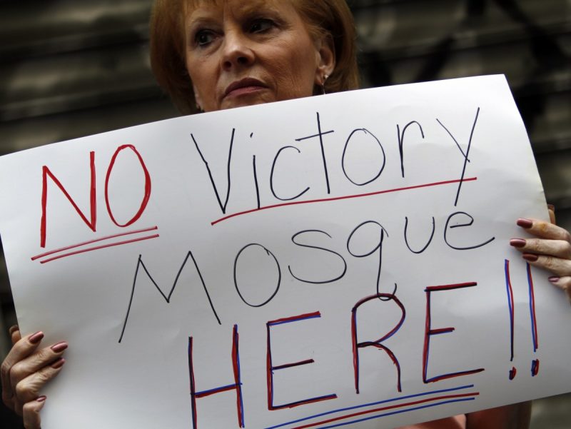 Suzie Buck, of Muskogee, Okla., demonstrates in front of a proposed site for an Islamic cultural center, Friday, Aug. 27, 2010 in New York. (AP/Mary Altaffer)