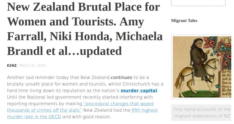 Website screenshot: Women and tourists treated "brutally" in New Zealand. (E2NZ)
