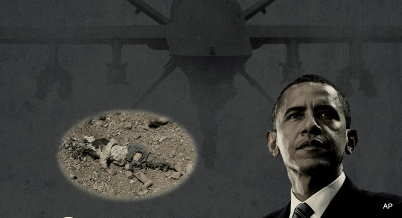 An image of Pres. Barack Obama juxtaposed with a photo of a dead victim of a drone strike.