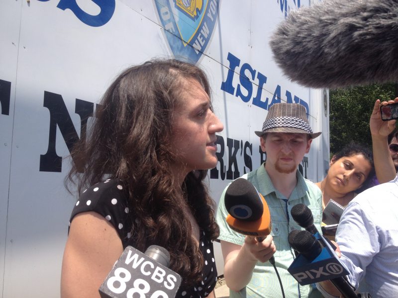 Cecily McMillan speaks to the media after her release from Rikers Island. (Nation Books / Michael Pellagatti)