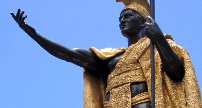 A statue of King Kamehameha I in O'ahu, Honolulu, Hawai'i. Photographed May 22, 2010. (Flickr / Wally Gobetz)