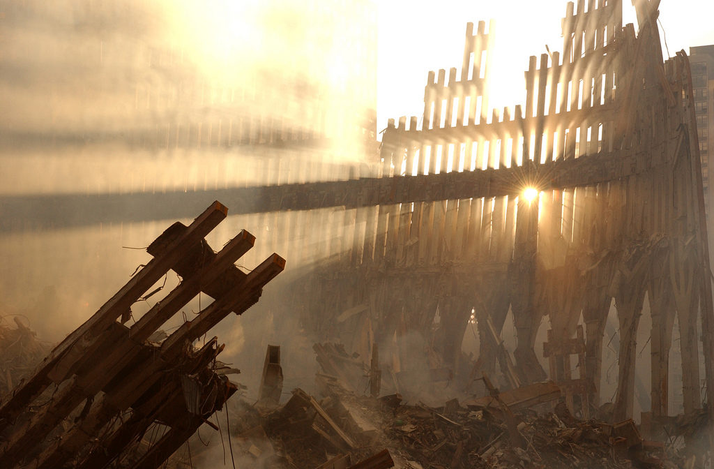 New York, NY, September 15, 2001 -- The sun streams through the dust over the wreckage of the World Trade Center. (Photo by Ashley Morgan)