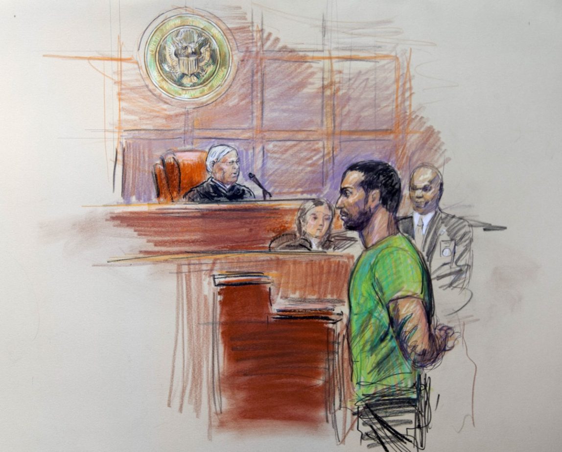 This artist rendering shows Amine El Khalifi before U.S. District Judge T. Rawles Jones Jr. in federal court in Alexandria, Va., Friday, Feb. 17, 2012. El Khalifi, a 29-year-old Moroccan man was arrested Friday near the U.S. Capitol as he was planning to detonate what he thought was a suicide vest, given to him by FBI undercover operatives, said police and government officials. (AP Photo/Dana Verkouteren)