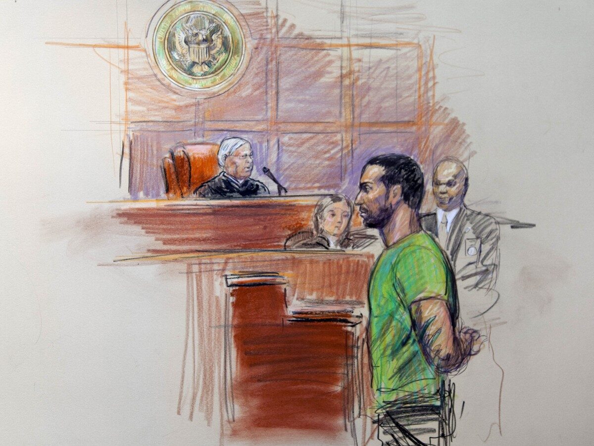 This artist rendering shows Amine El Khalifi before U.S. District Judge T. Rawles Jones Jr. in federal court in Alexandria, Va., Friday, Feb. 17, 2012. El Khalifi, a 29-year-old Moroccan man was arrested Friday near the U.S. Capitol as he was planning to detonate what he thought was a suicide vest, given to him by FBI undercover operatives, said police and government officials. (AP Photo/Dana Verkouteren)