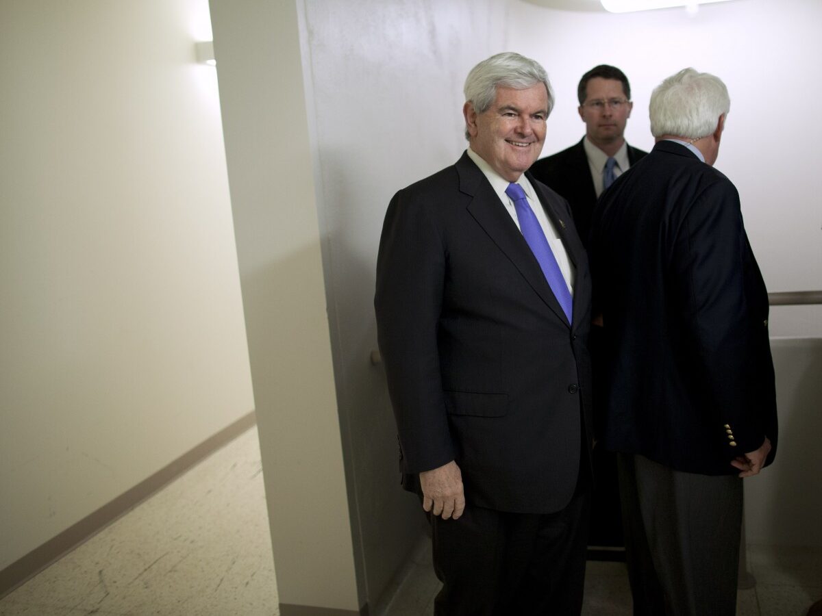 Republican presidential candidate, former House Speaker Newt Gingrich waits to be introduced during a campaign stop on Monday, Feb. 20, 2012 in Oklahoma City, Okla. (AP Photo/Evan Vucci)
