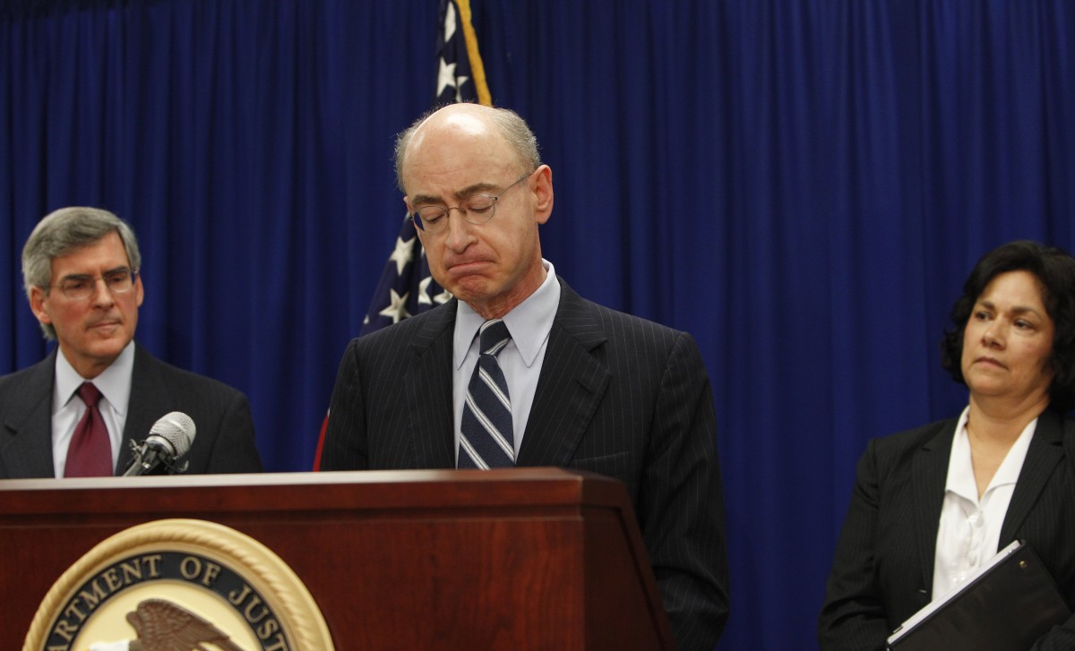 Daniel R. Levinson, Inspector General U.S. Department of Health and Human Services, right, pauses during a news conference Tuesday, Feb. 28, 2012, in Dallas. Looking on in background are Bill Corr, Deputy Secretary U.S. Department of Health, left, and United States Attorney Sarah R. Saldaña of the Northern District of Texas. Officials announced federal charges in what they called the largest case of medical fraud in U.S. history involving $375 million. (AP Photo/LM Otero)