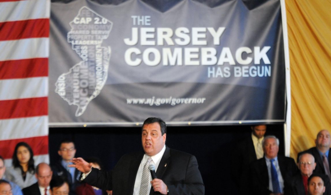 New Jersey Gov. Chris Christie addresses local residents and politicians during a town hall meeting at Palisades Park High School in Palisades Park, N.J.,Wednesday, Feb, 22, 2012, one day after introducing his budget. (AP Photo/The Record of Bergen County, Tyson Trish)