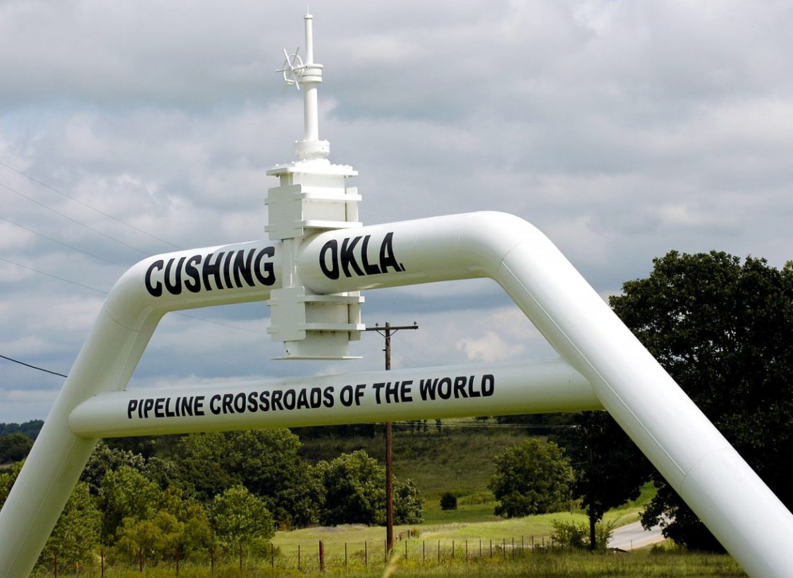 FILE - In this Sept. 15, 2005 file photo, the marker that welcomes commuters to Cushing, Okla. is seen. Canadian company TransCanada says it will build an oil pipeline from Oklahoma to Texas after President Barack Obama blocked the larger Keystone XL pipeline from Canada. The company says the new project does not require presidential approval since it does not cross a U.S. border. The shorter pipeline is expected to cost about $2.3 billion and be completed in 2013. The Obama administration had suggested development of an Oklahoma-to-Texas line to alleviate an oil glut at a Cushing, Okla., storage hub. (AP Photo/The Oklahoman, Matt Strasen, File)