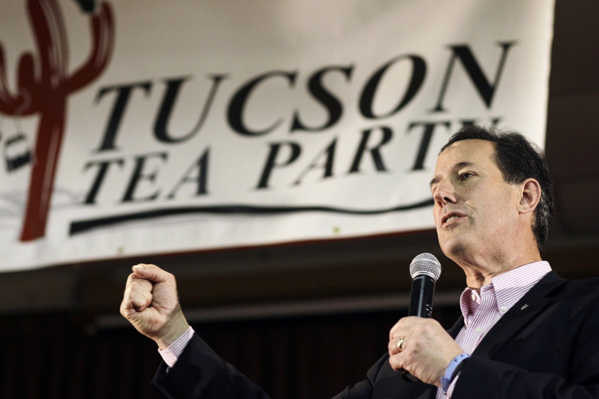 Republican presidential candidate, former Pennsylvania Sen. Rick Santorum speaks during a campaign rally at the Sabbar Shrine Center, Wednesday, Feb. 22, 2012, in Tucson, Arizona. (AP Photo/Eric Gay)