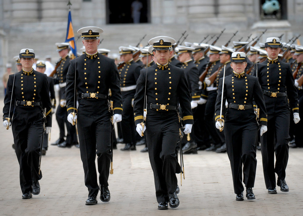 ANNAPOLIS, Md. (April 13, 2011) U.S. Naval Academy Midshipman march through Tecumseh Court during a formal parade on the school's campus. The midshipmen will participate in three additional formal parades before the end of their spring semester. (U.S. Navy photo by Mass Communication Specialist 1st Class Chad Runge/Released)