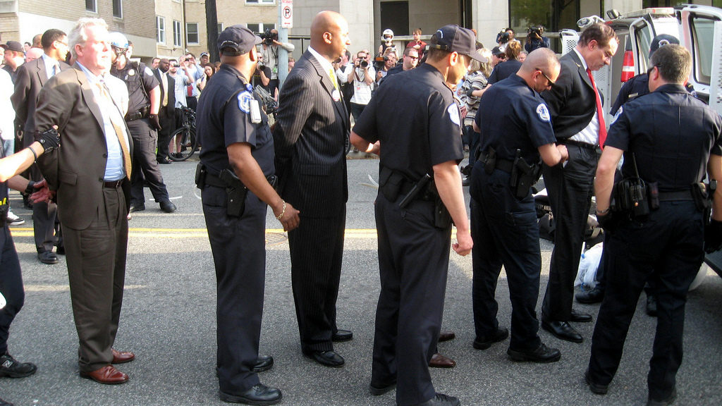 The mayor of Washington DC and DC city council emmbers are arrested at a protest over congressional refusal, in 2011 budget, to allow DC use local funds for abortion procedures. (Photo by J. Brazito, 4/11/11)