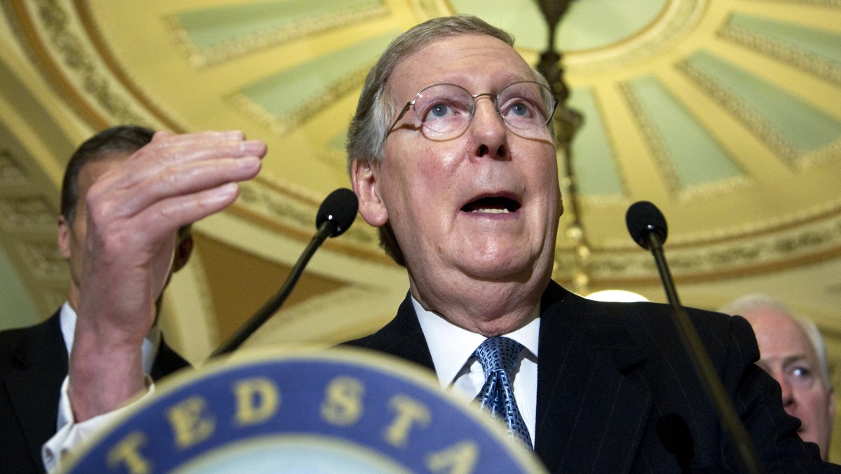 Senate Minority Leader Mitch McConnell of Ky. gestures during a news conference on Capitol Hill in Washington, Tuesday, March 13, 2012. (AP Photo/Manuel Balce Ceneta)