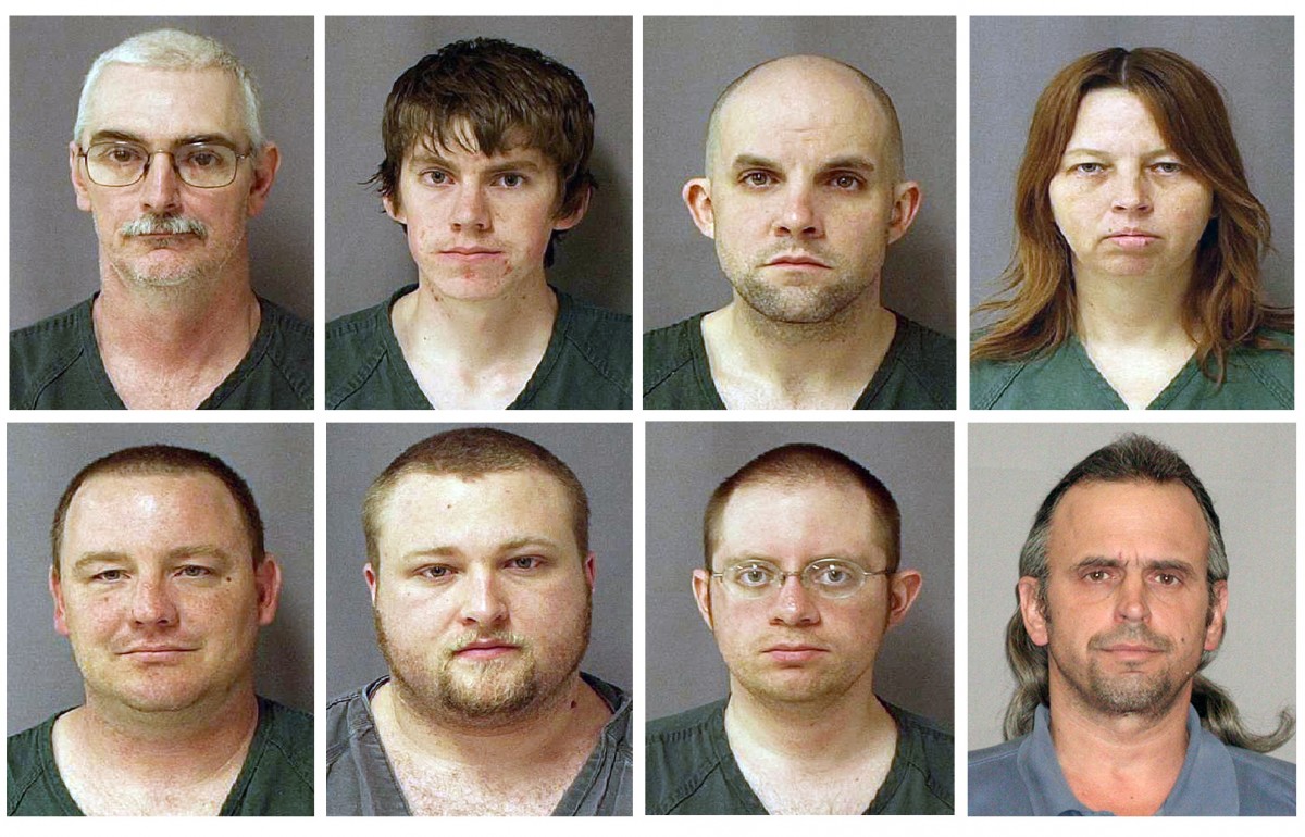 FILE - This file combo of eight photos provided by the U.S. Marshals Service on Monday March 29, 2010 shows, from top left, David Brian Stone Sr., 44, of Clayton, Mich,; David Brian Stone Jr. of Adrian, Mich,; Jacob Ward, 33, of Huron, Ohio; Tina Mae Stone and bottom row from left, Michael David Meeks, 40, of Manchester, Mich,; Kristopher T. Sickles, 27, of Sandusky, Ohio; Joshua John Clough, 28, of Blissfield, Mich.; and Thomas William Piatek, 46, of Whiting, Ind., suspects tied to Hutaree, a Christian militia. On Wednesday, March 21, 2012, defense lawyers in the trial of the seven Michigan militia members said they want a mistrial declared, claiming they should have been given details about the past work of an FBI agent who infiltrated the group. (AP Photo/U.S. Marshalls Service, File)
