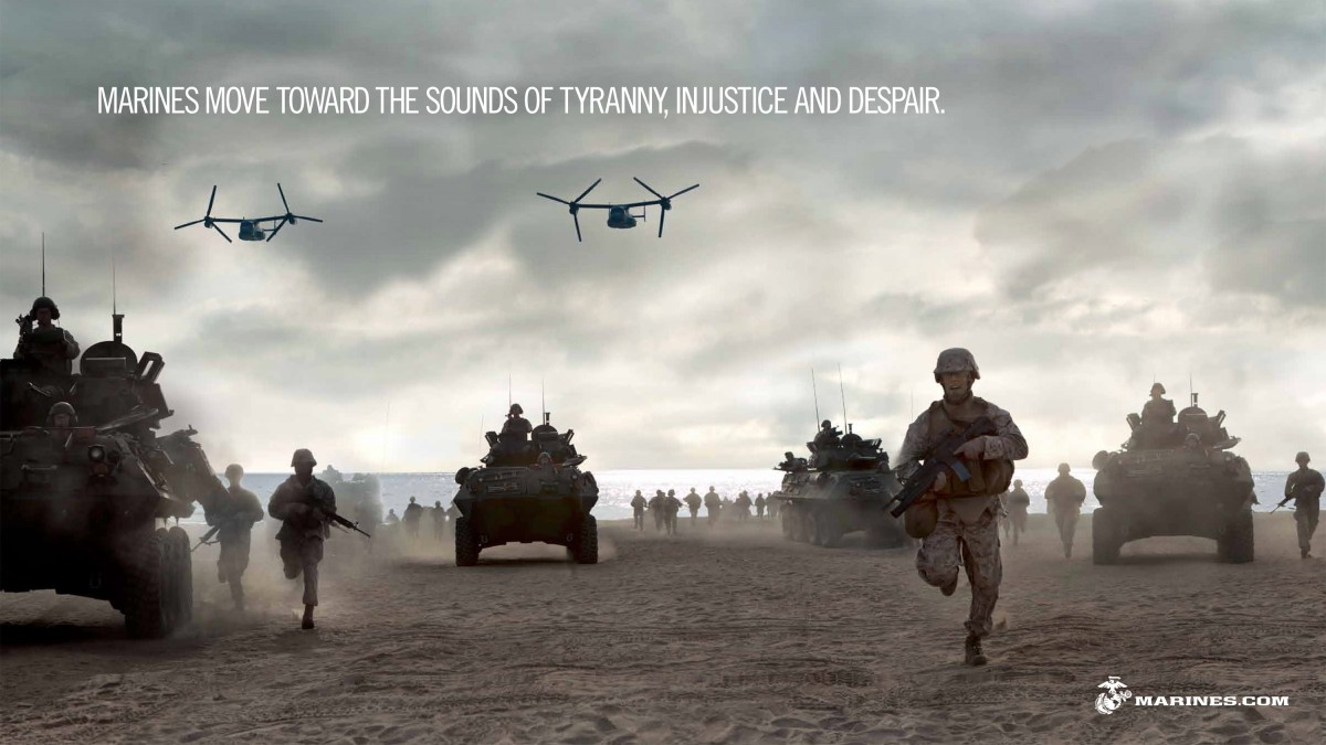 This undated handout advertising poster provided by the US Marine Corps, will be distributed at Marine Corps recruiting stations as part of a new Corps television, web and print advertising campaign being launched this weekend. They've long been known as devil dogs, leathernecks and "the first to fight." But U.S. Marines, with their self-described expertise in "killing people and breaking things," now want to promote their softer side as well. A new Marine Corps advertising campaign starting this weekend takes its cue from research showing today's recruit-age generation is interested in "helping people." So the campaign is crafted to show Marines not just as warriors, but also as humanitarians and peacekeepers, not just as courageous but also as compassionate. (AP Photo/US Marine Corps)