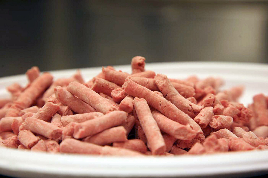 In this undated image released by Beef Products Inc., boneless lean beef trimmings are shown before packaging. The debate over pink slime in chopped beef is hitting critical mass. The term, adopted by opponents of lean finely textured beef, describes the processed trimmings cleansed with ammonia and commonly mixed into ground meat. Federal regulators say it meets standards for food safety. Critics liken it to pet food _ and their battle has suddenly gone viral amid new media attention and a snowballing online petition. (AP Photo/Beef Products Inc.)