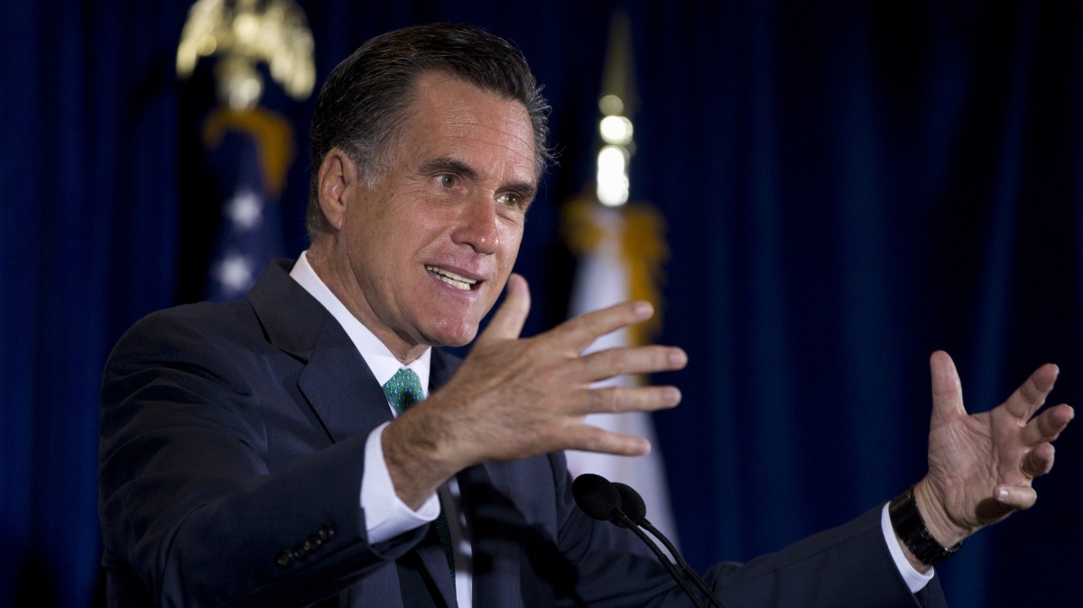 In this March 26, 2012, photo, Republican presidential candidate, former Massachusetts Gov. Mitt Romney gestures while speaking at NuVasive, Inc., a medical device company, in San Diego, Calif. (AP Photo/Steven Senne)