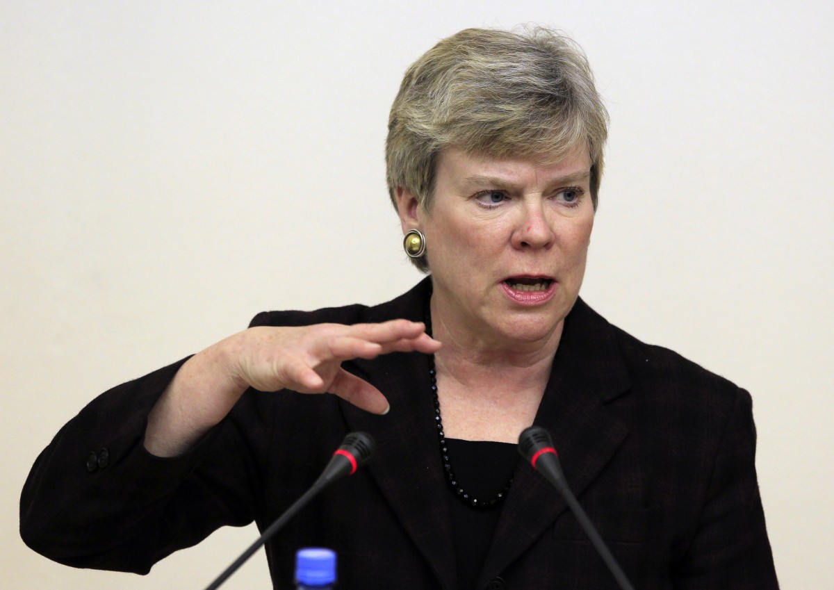 Rose Gottemoeller, Acting Under Secretary for Arms Control and International Security delivers a lecture to students at the Moscow State Institute of International Relations (MGIMO) in Moscow on Friday, march 30, 2012. Gottemoeller voiced hope that Moscow and Washington would be able to solve their differences over the U.S.- led NATO's missile shield. (AP Photo/ Sergey Ponomarev)