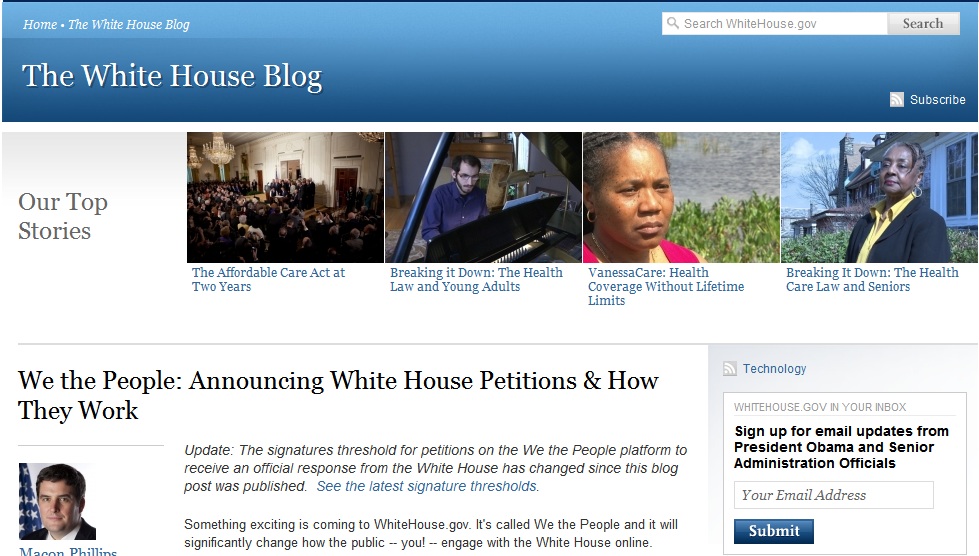 A screenshot from from the White house "We the People" petition webpage.