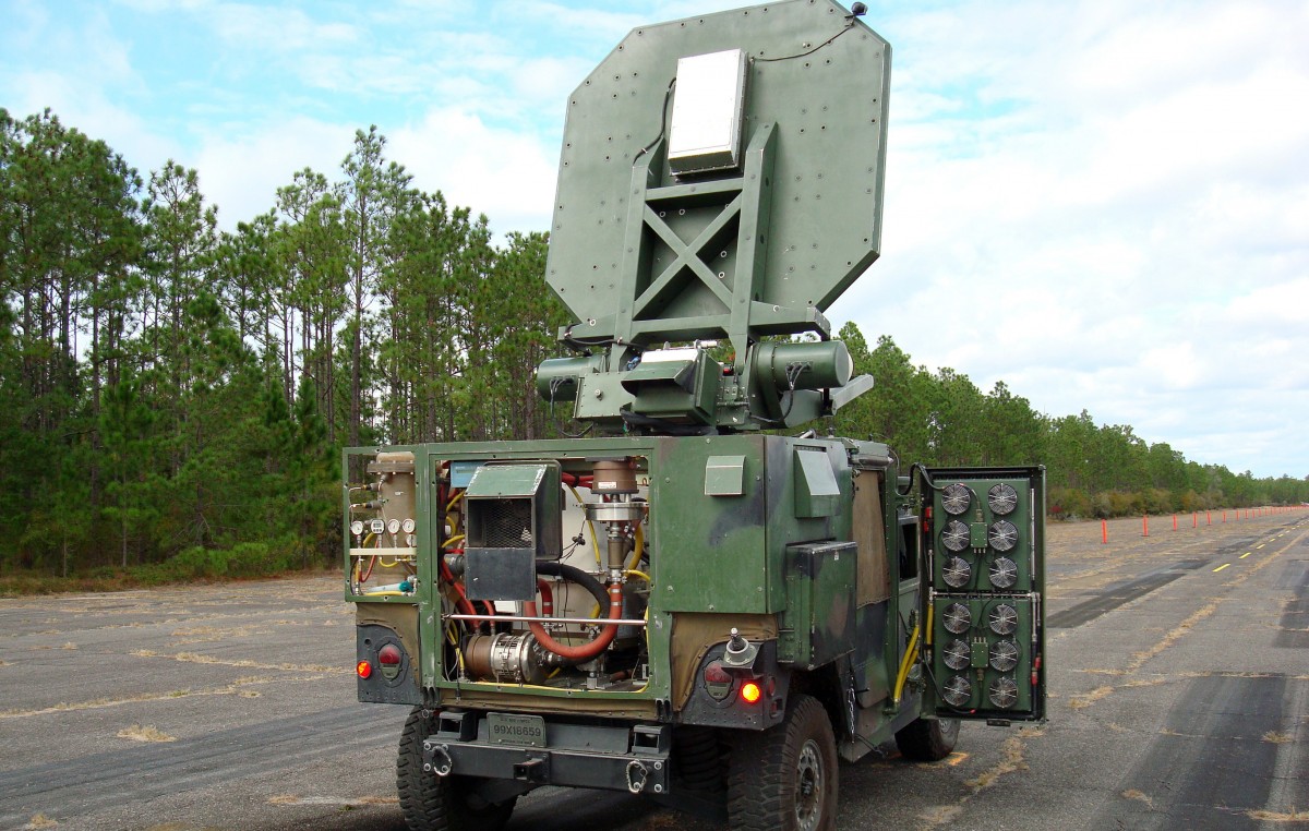 EGLIN AIR FORCE BASE, Fla. -- The 46th Test Squadron positions an Active Denial System-1 to conduct vehicle driver intrusion testing at an Eglin range. The ADS-1 provides a non-lethal capability to repel or disperse hostile forces. ADS-1 emits electromagnetic radiation that stimulates nerve endings and causes discomfort but does not cause permanent injury. (Air Force photo)
