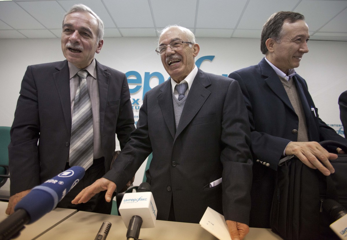 Members of the Syrian opposition delegation, with from left, Abdul-Aziz al-Kheir, a spokesman for the National Coordination Body for Democratic Change in Syria; Hassan Abdul-Azim, head of the opposition National Coordination Body; and Haytham Manna, spokesperson of the Arab Commission for Human Rights, as they attend a news conference in Moscow on Tuesday, April 17, 2012. Members of the Syrian opposition delegation say they hope that Russia will apply its power to persuade Syrian President Bashar Assad to observe Kofi Annan's cease-fire plan. (AP Photo/Alexander Zemlianichenko)