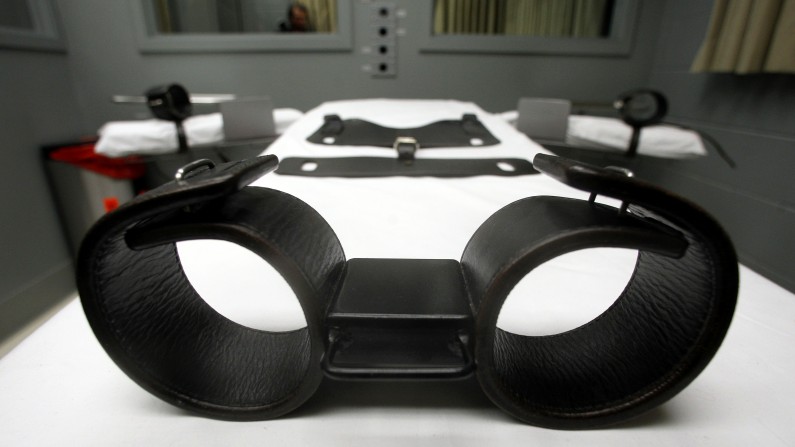 This Nov. 18, 2011 file photo shows the leg tie downs on the gurney in the execution room at the Oregon State Penitentiary, in Salem, Ore. (AP Photo/Rick Bowmer, File)