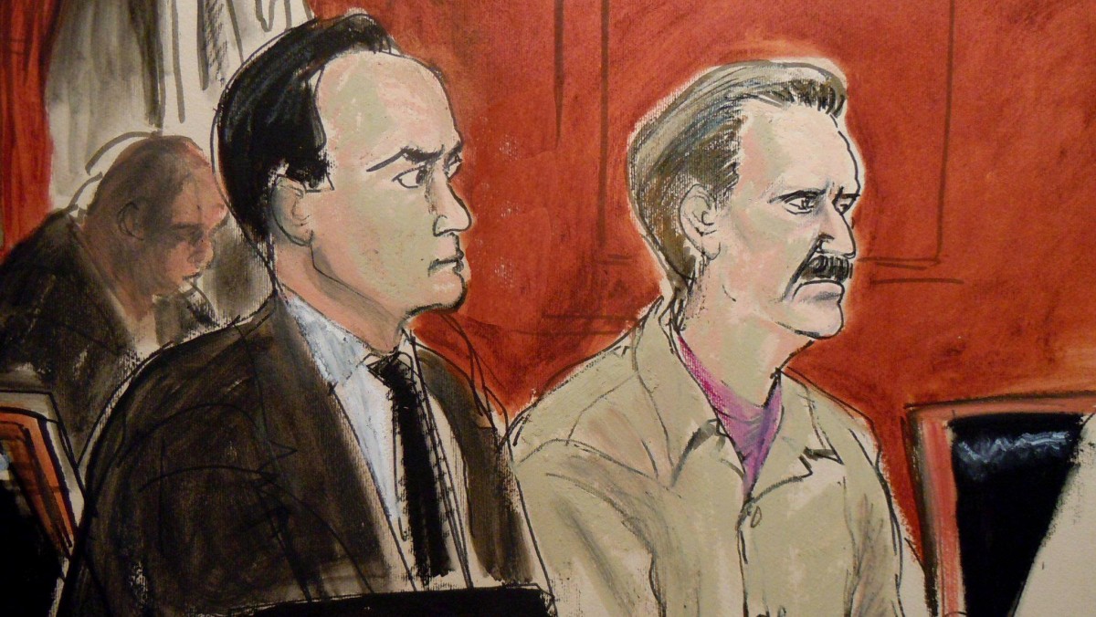 In this courtroom illustration, defendant Viktor Bout, right, is seated next to his defense lawyer Albert Dayan at the federal courthouse in New York, Thursday, April 5, 2012. The Russian arms dealer dubbed the Merchant of Death for his history of arming violent dictators and regimes was sentenced to 25 years in prison, far short of the life term prosecutors sought for his conviction on terrorism charges that grew from a U.S. sting operation. (AP Photo/Elizabeth Williams)