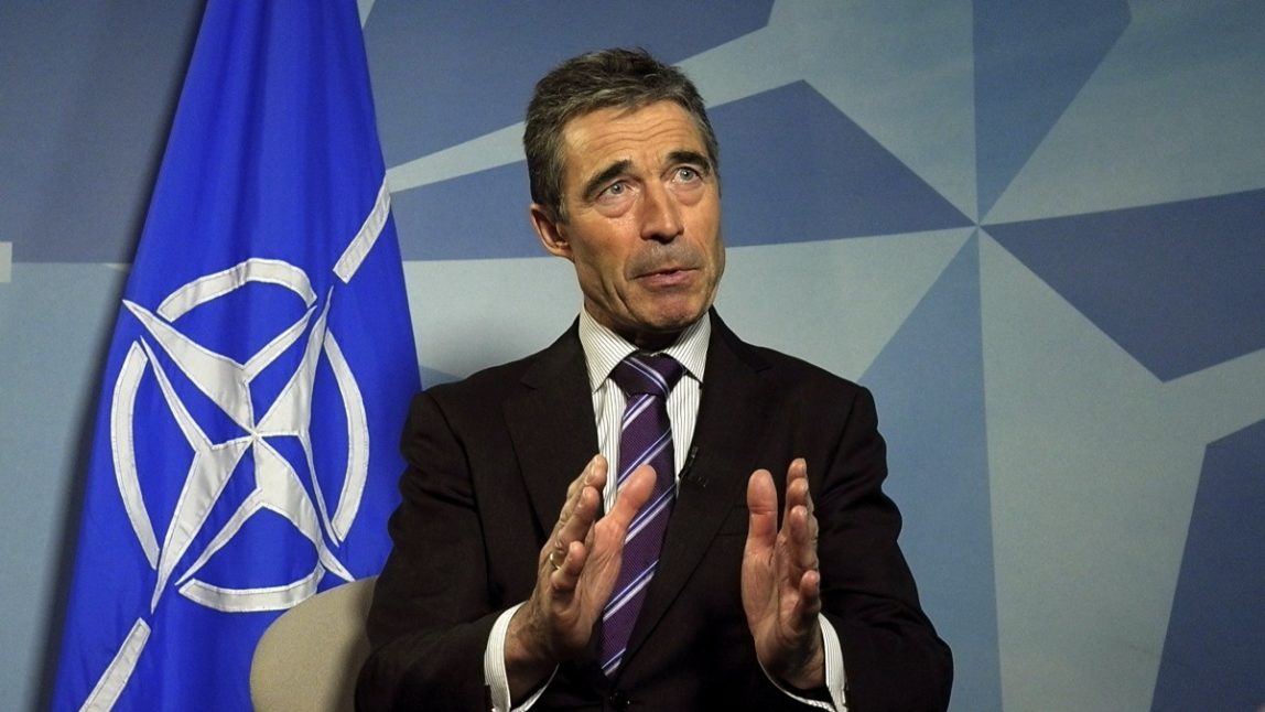 NATO Secretary General Anders Fogh Rasmussen speaks with the Associated Press at NATO headquarters in Brussels on Monday, April 30, 2012. NATO's top official is vigorously defending the alliance's plan for a shield against ballistic missiles, despite two U.S. reports which cast doubt on project's technical and financial feasibility. (AP Photo/Virginia Mayo)