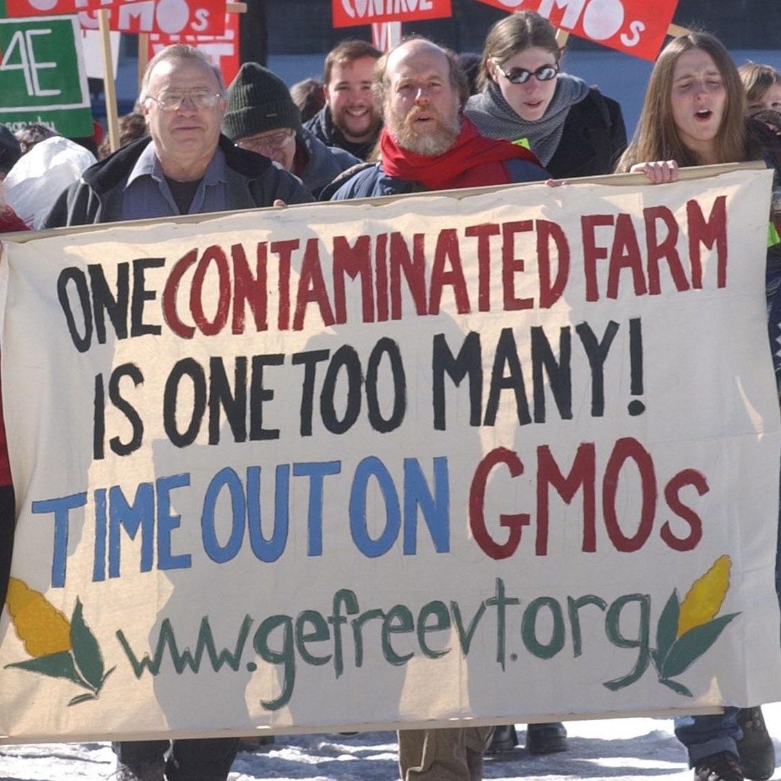 Protesters march to the Statehouse in Montpelier, Vt., Thursday, Feb. 26, 2004, to call for a time out on genetically engineered crops. They went inside to listen to Monsanto lobbyists as they testify before the House Agriculture Committee. Vermont lawmakers are in the process of passing a bill that requires labeling on GMOs. (AP Photo/Toby Talbot)