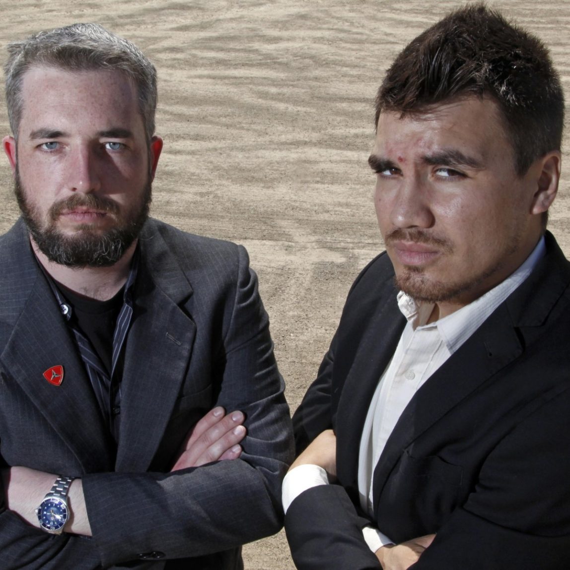 This Tuesday, April 10, 2012 photo shows Garrett Anderson, left, and his associate Antonio de la Torre in Palmdale, Calif. Long forgotten, except by the people who fought in it, the Second Battle of Fallujah was one of the deadliest, most terrifying events of the Iraq war. Anderson, a young Marine whose platoon was ambushed during that battle in November 2004 is documenting, not the bloodiest day of fighting he witnessed, but the impact it had on him and a dozen comrades who survived it. (AP Photo/Reed Saxon)